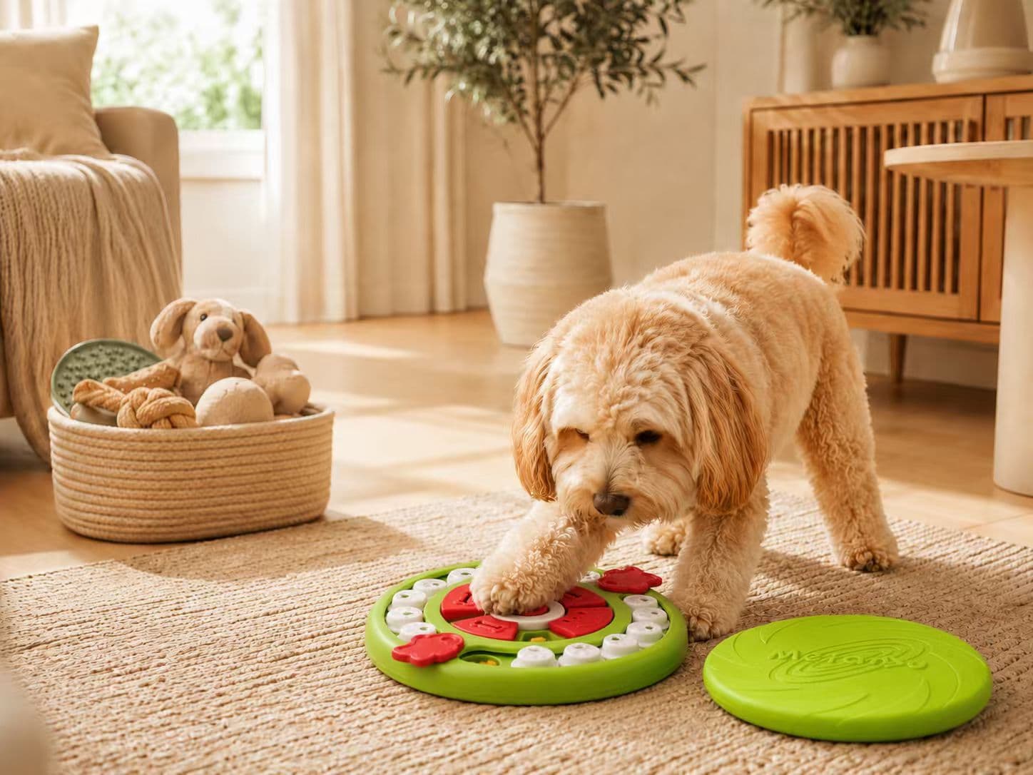 Dog using a puzzle toy during a supervised training and enrichment session
