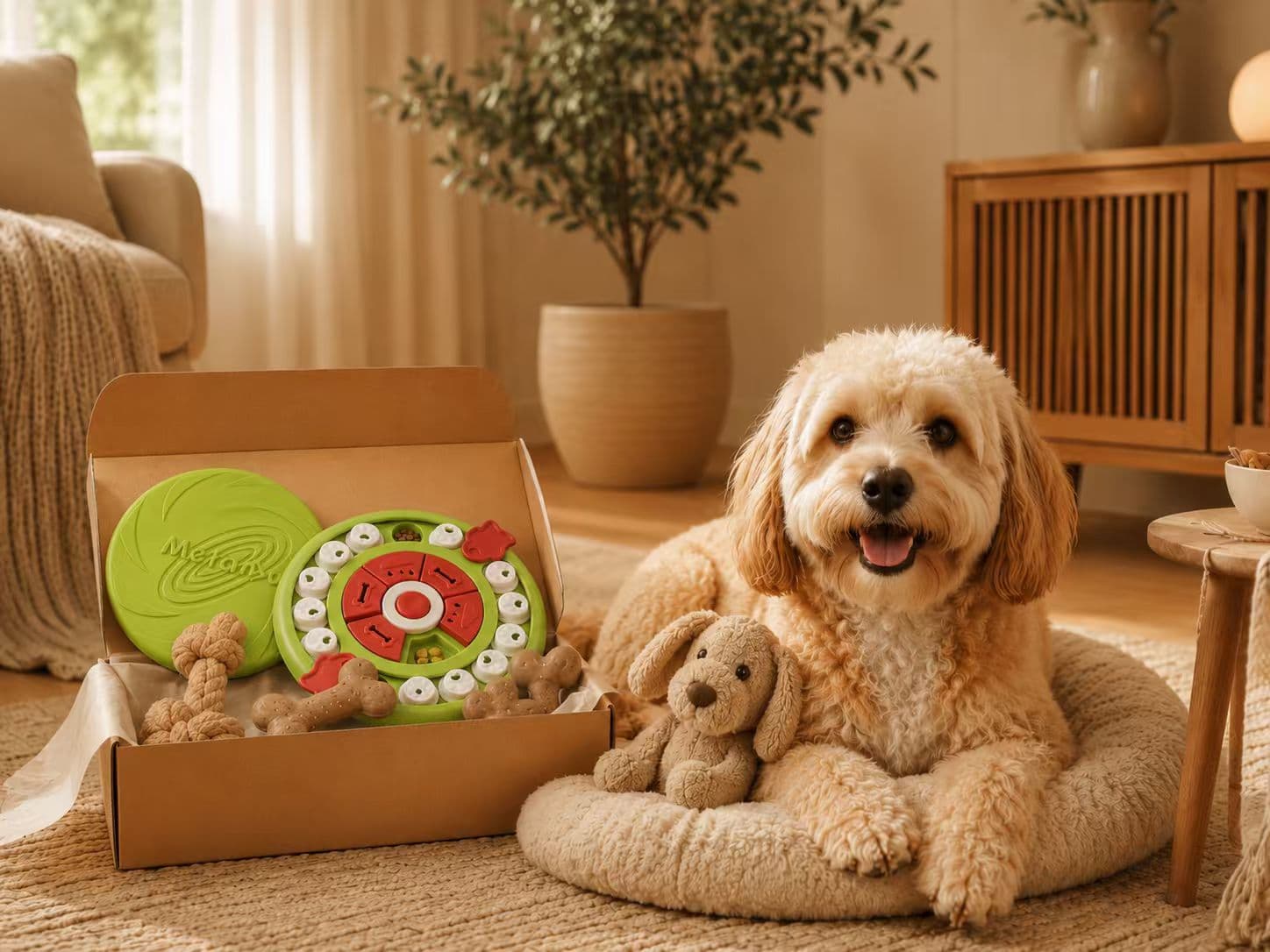 Dog routine box with enrichment items arranged for different parts of the day