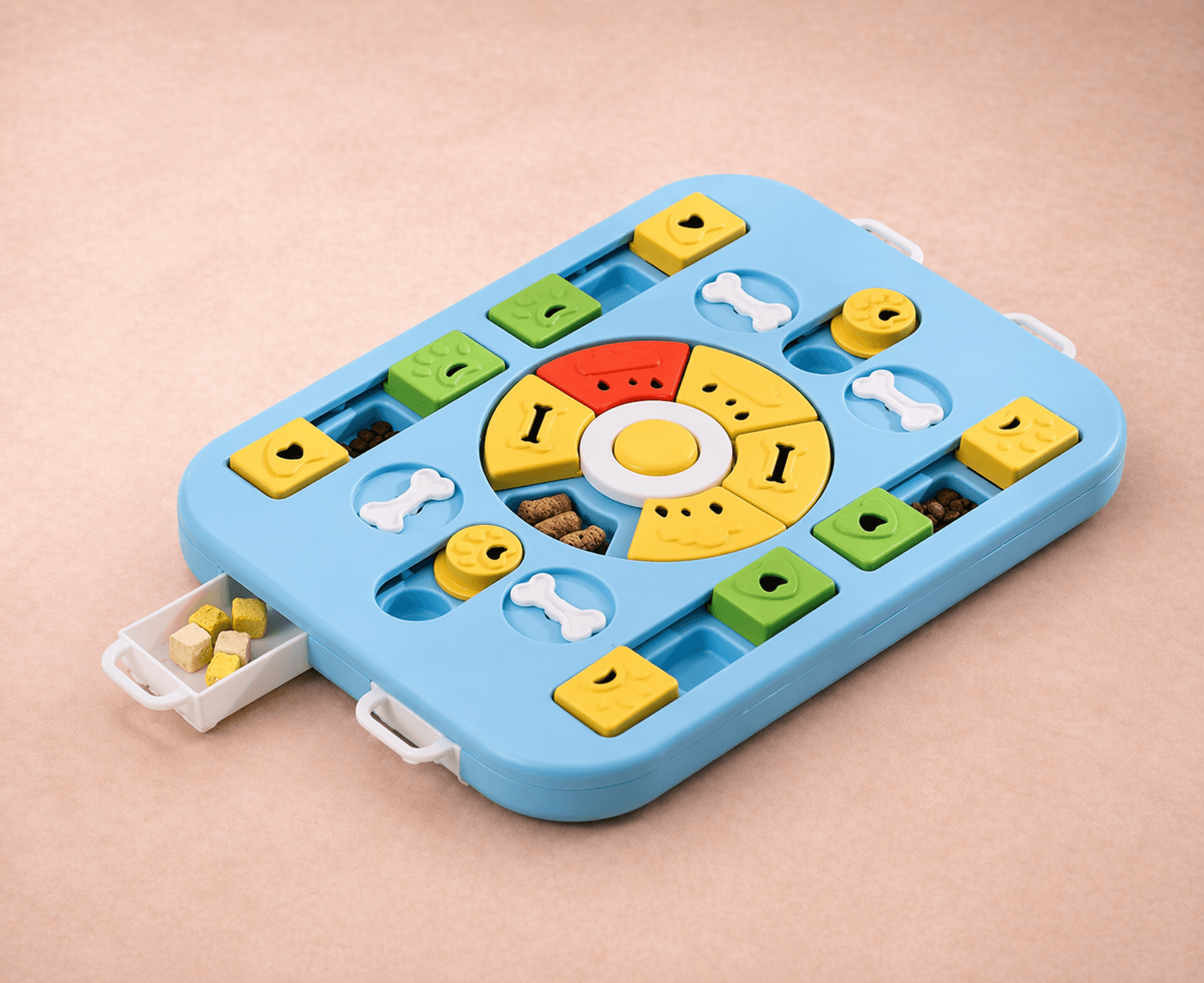 Blue interactive dog puzzle board with sliding food compartments