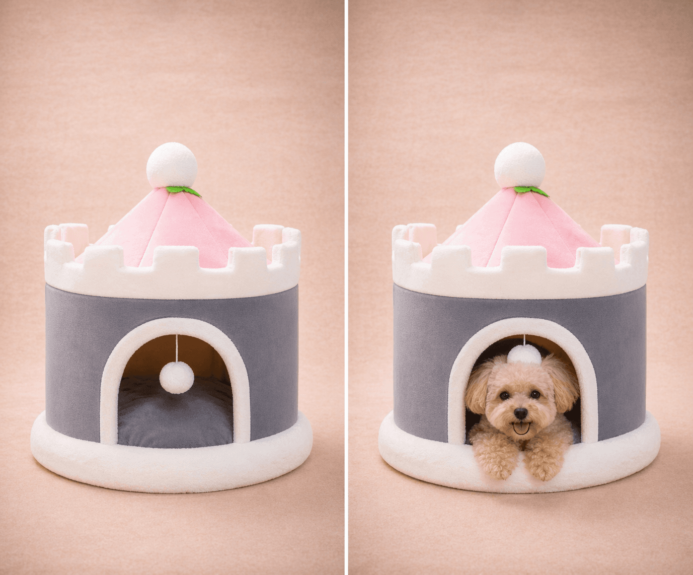Grey and pink felt castle dome pet house