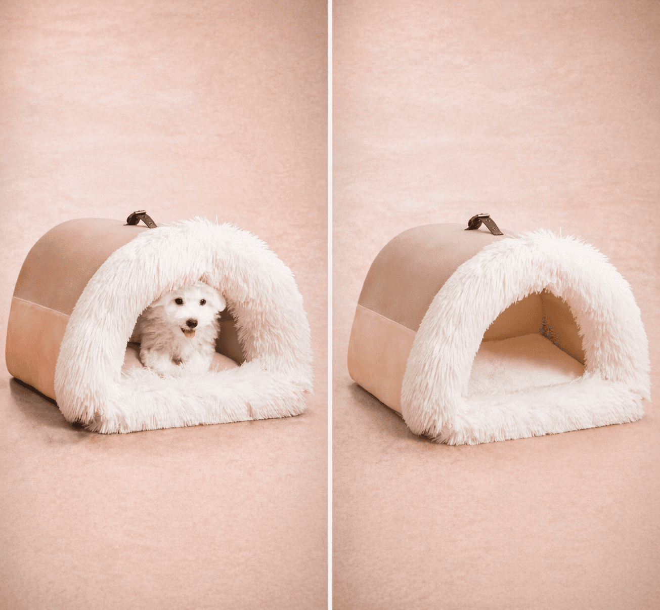 Beige canvas and cream faux fur igloo cave dog bed