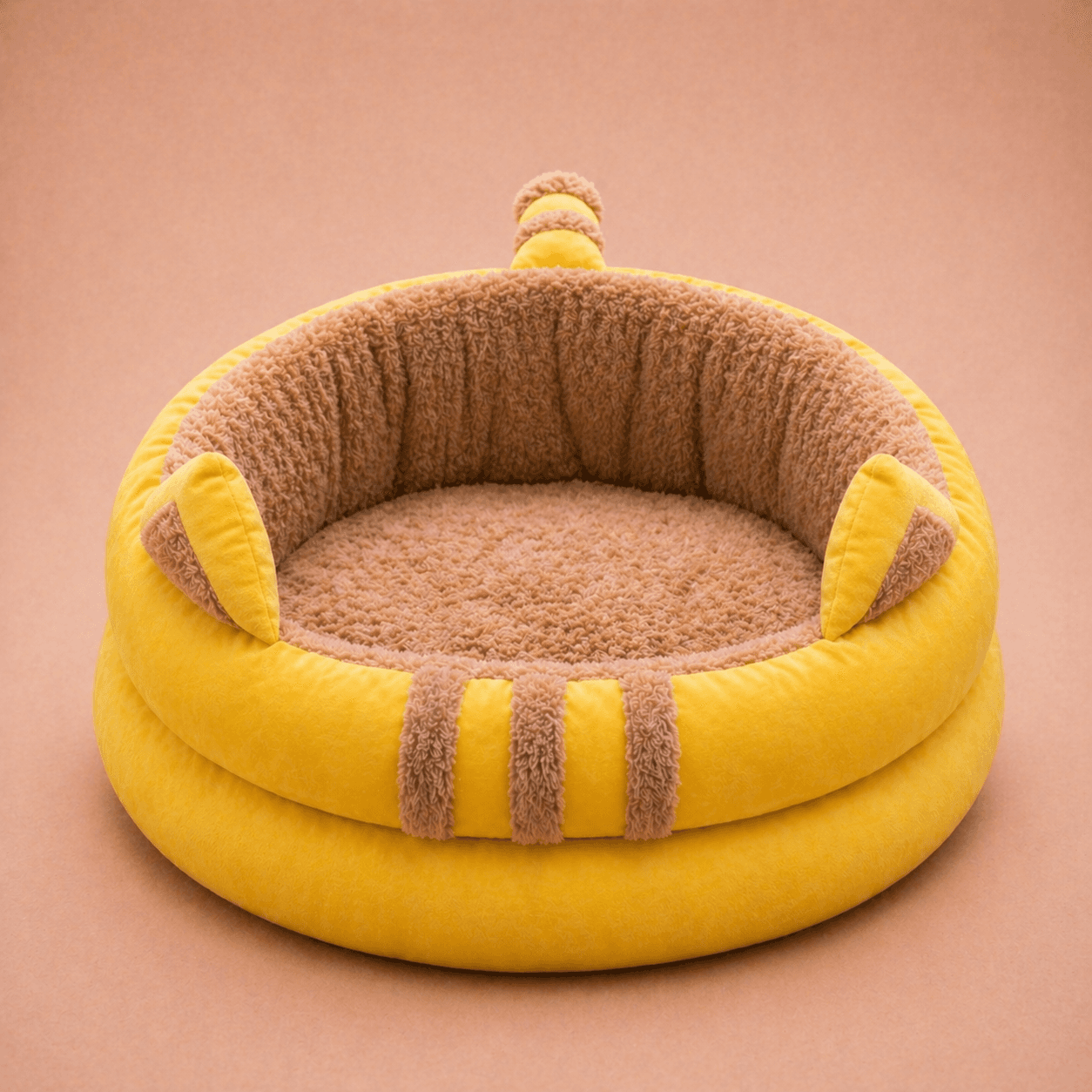 Yellow Pikachu-inspired round bolster pet bed with sherpa interior and ear details