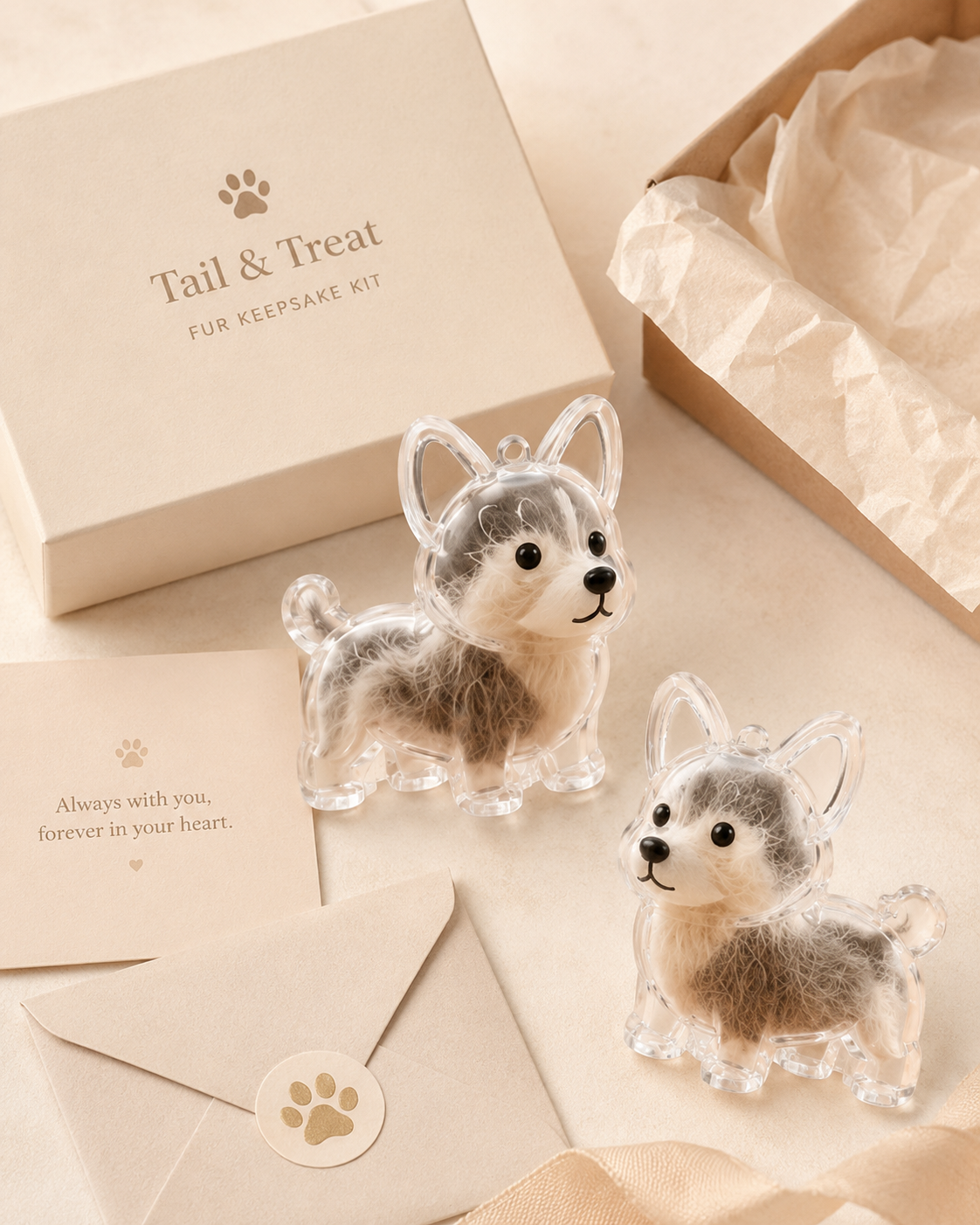 Fur Keepsake Kit with clear pet-shaped keepsake keychains, memory card, envelope, and gift-ready packaging