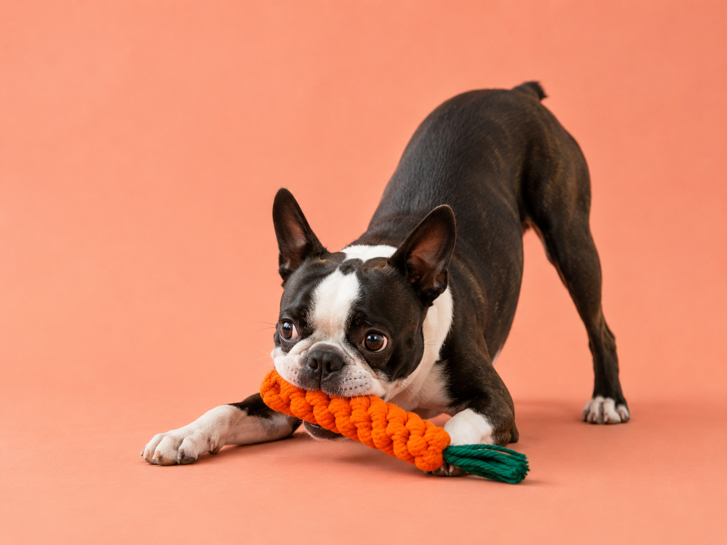 Dog tugging an orange carrot rope toy